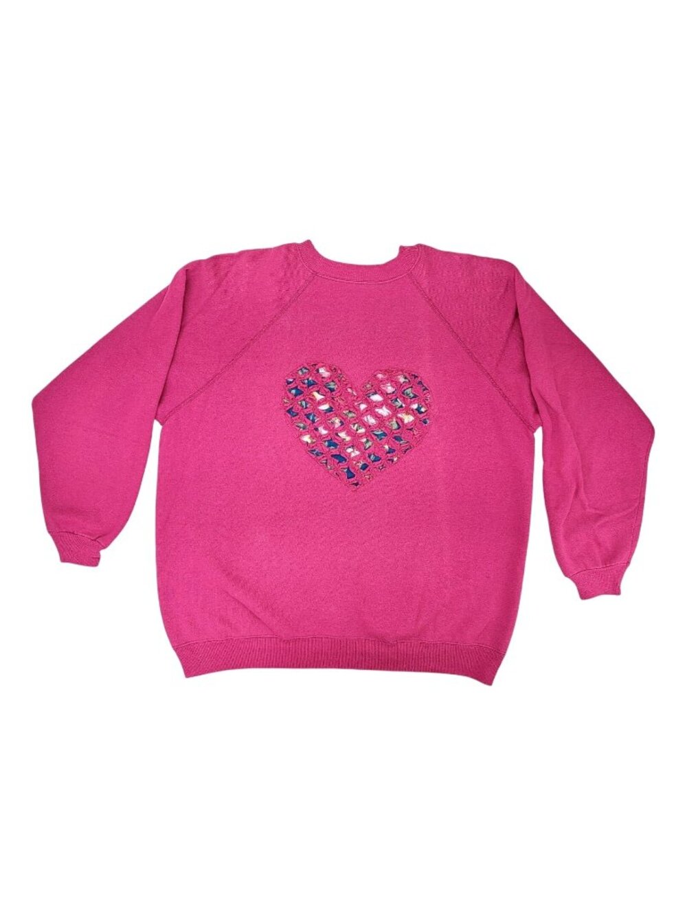 Vintage Hanes Pink Sweatshirt Handmade Heart Cutout Floral Women XL Grannycore